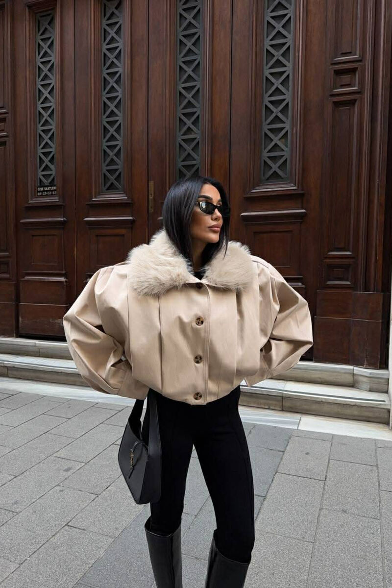 DETACHABLE FAUX FUR ONE COLOR WOMEN JACKET CREAM/KREM - 3