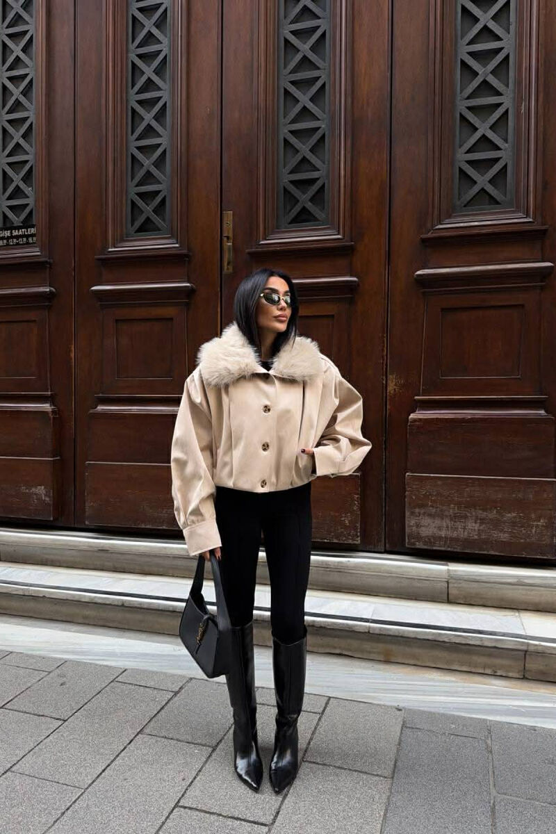 DETACHABLE FAUX FUR ONE COLOR WOMEN JACKET CREAM/KREM - 4