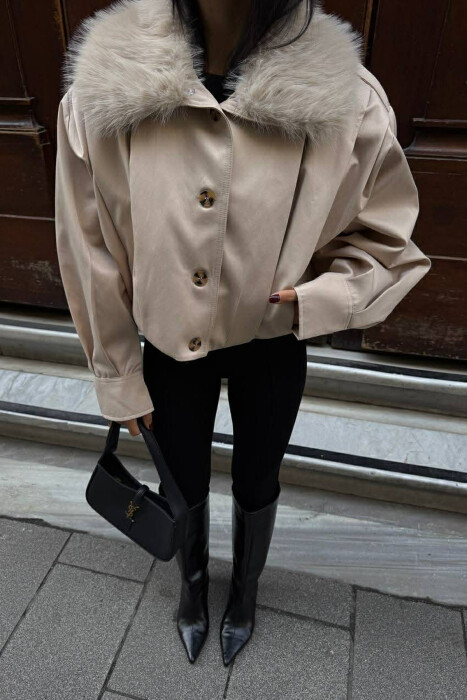 DETACHABLE FAUX FUR ONE COLOR WOMEN JACKET CREAM/KREM - 5