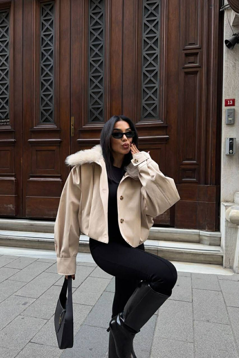 DETACHABLE FAUX FUR ONE COLOR WOMEN JACKET CREAM/KREM - 6