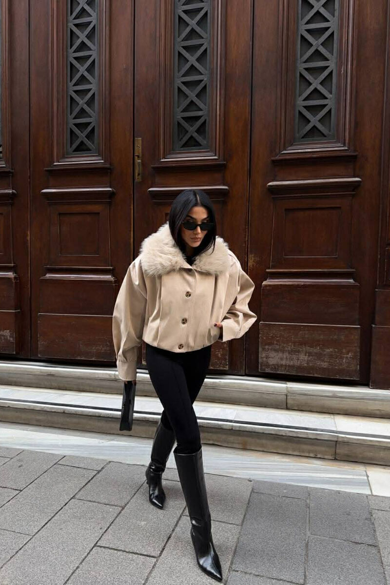 DETACHABLE FAUX FUR ONE COLOR WOMEN JACKET CREAM/KREM - 7