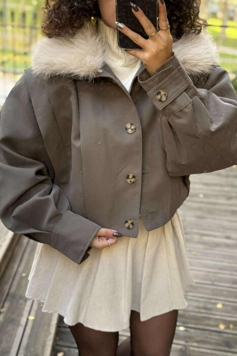 DETACHABLE FAUX FUR ONE COLOR WOMEN JACKET GREEN/JESHILE 