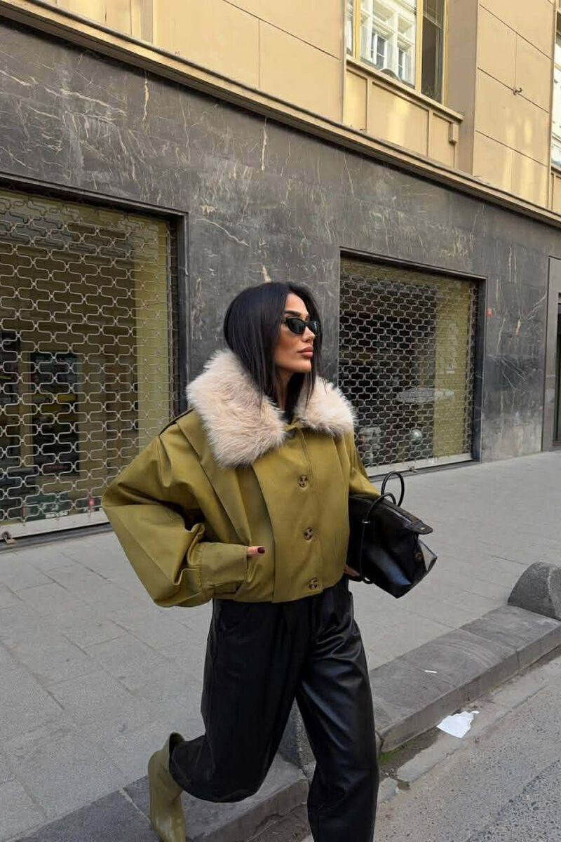 DETACHABLE FAUX FUR ONE COLOR WOMEN JACKET OLIVE/ULLI - 2