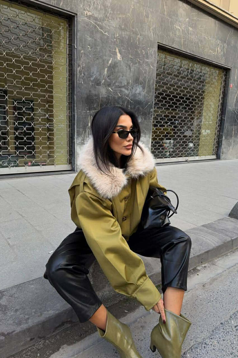 DETACHABLE FAUX FUR ONE COLOR WOMEN JACKET OLIVE/ULLI - 3