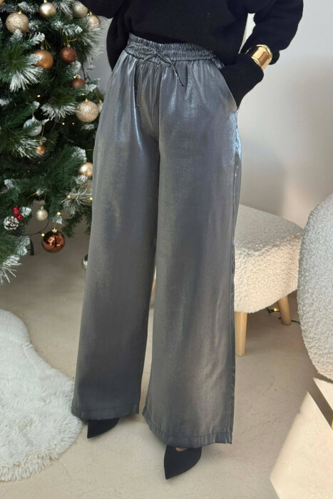ELASTIC LACING WAIST SHINNY WOMEN TROUSERS DARK GREY/GEE - KLAUDIO FASHION
