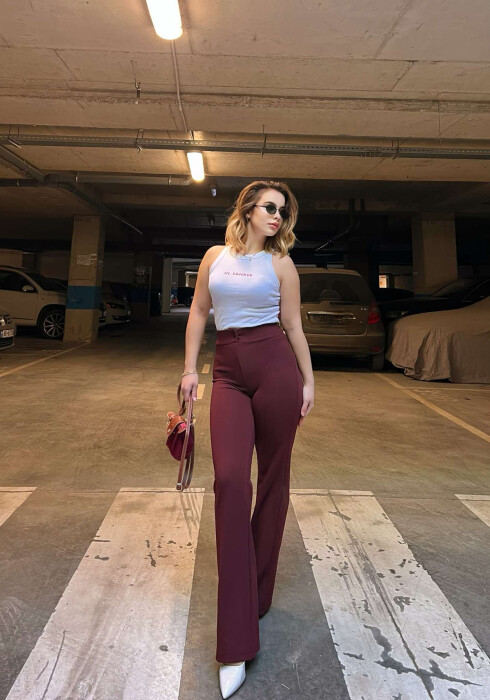 ELASTIC ONE COLOR WOMEN TROUSERS BURGUNDY/VISHNJE - 2