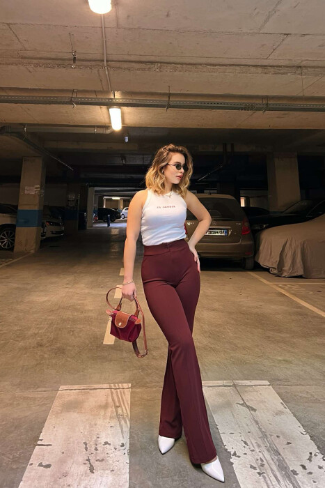 ELASTIC ONE COLOR WOMEN TROUSERS BURGUNDY/VISHNJE - 4