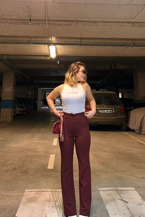 ELASTIC ONE COLOR WOMEN TROUSERS BURGUNDY/VISHNJE - 5