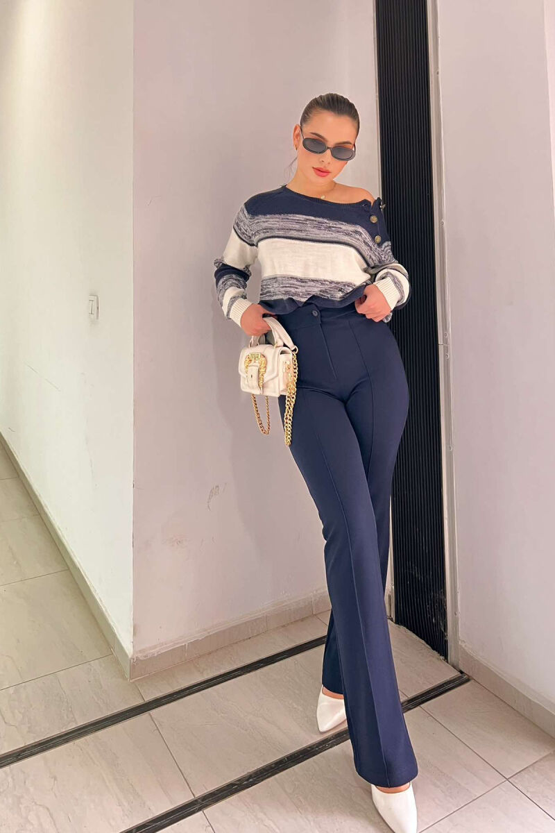 ELASTIC ONE COLOR WOMEN TROUSERS DARK BLUE/BEE - 1