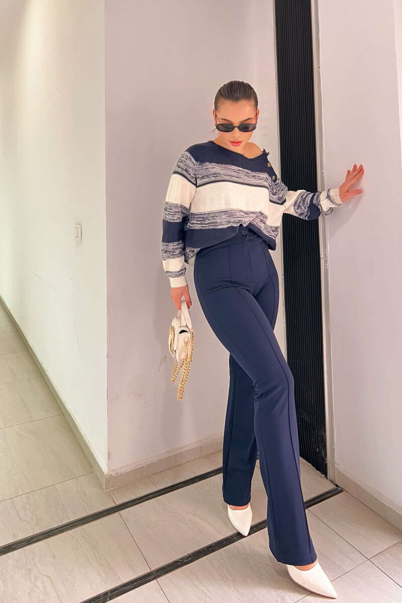 ELASTIC ONE COLOR WOMEN TROUSERS DARK BLUE/BEE - 2