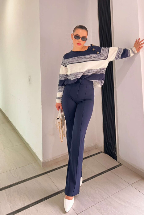 ELASTIC ONE COLOR WOMEN TROUSERS DARK BLUE/BEE - 3