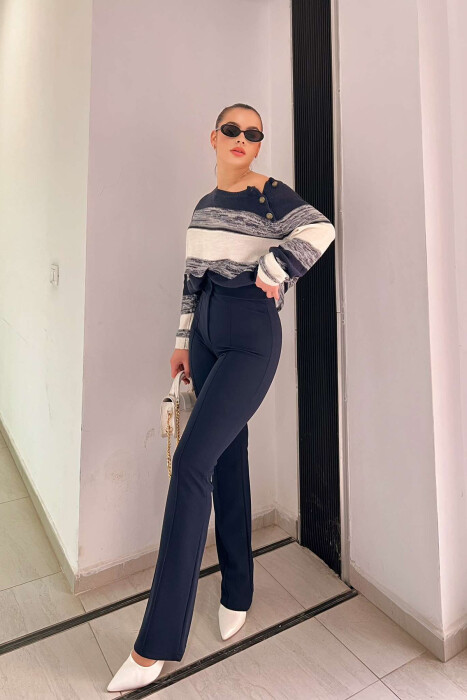 ELASTIC ONE COLOR WOMEN TROUSERS DARK BLUE/BEE - 4