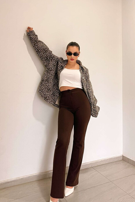 ELASTIC ONE COLOR WOMEN TROUSERS DARK BROWN/KAE - 1