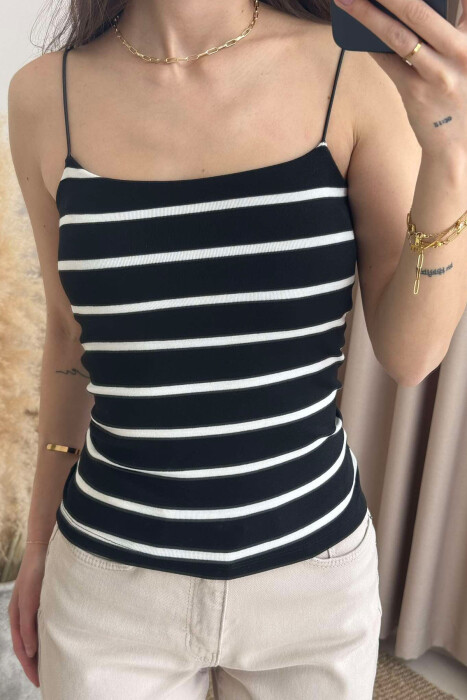 ELASTIC STRAPS STRIPE WOMEN TANK TOP BLACK-WHITE/ZEBA - KLAUDIO FASHION