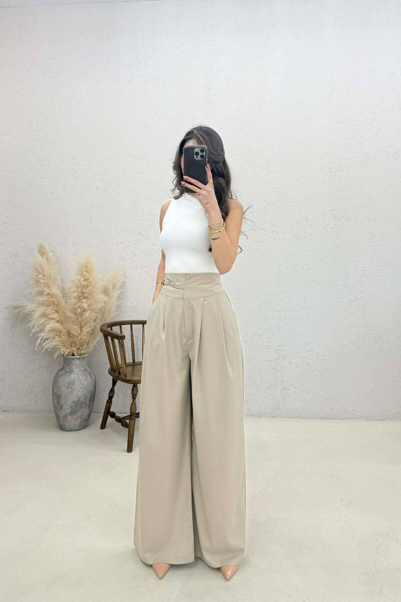 ELASTIC WAIST BELTED WOMEN TROUSERS BEIGE/BEZHE - 1