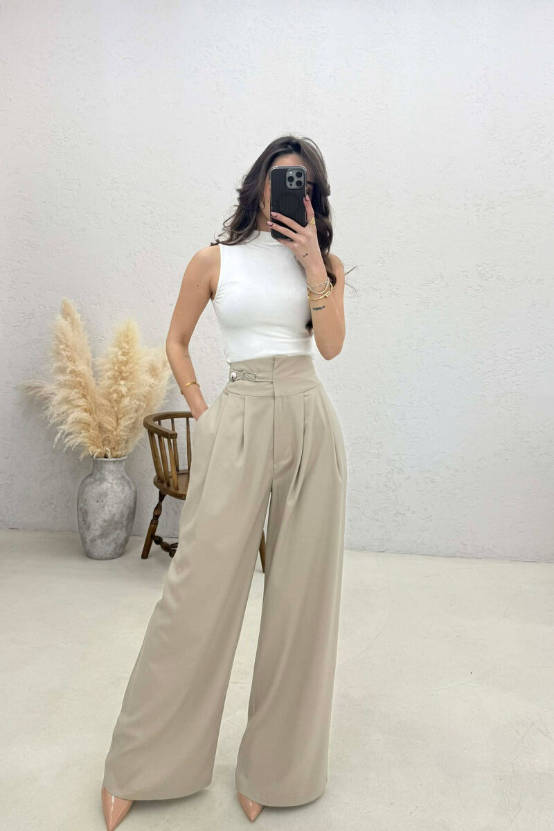ELASTIC WAIST BELTED WOMEN TROUSERS BEIGE/BEZHE - 2