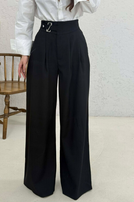 ELASTIC WAIST BELTED WOMEN TROUSERS BLACK/ E ZEZE - KLAUDIO FASHION