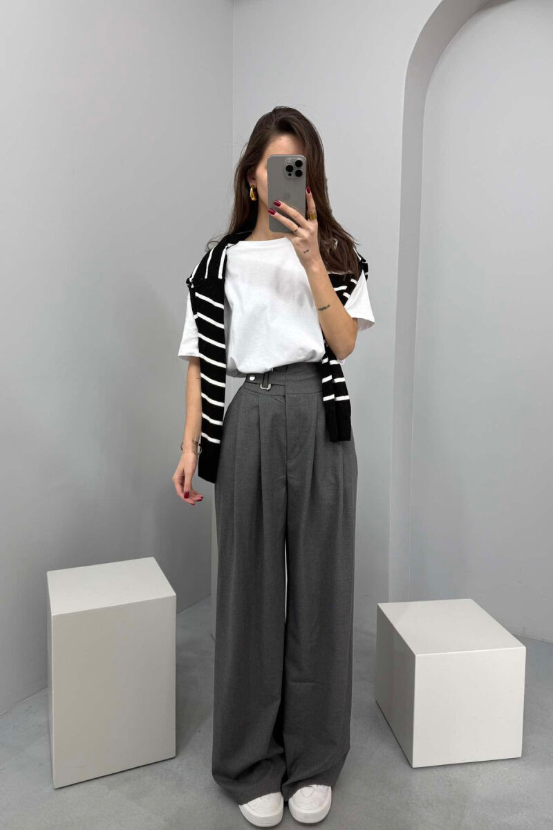 ELASTIC WAIST BELTED WOMEN TROUSERS DARK GREY/GEE - 1