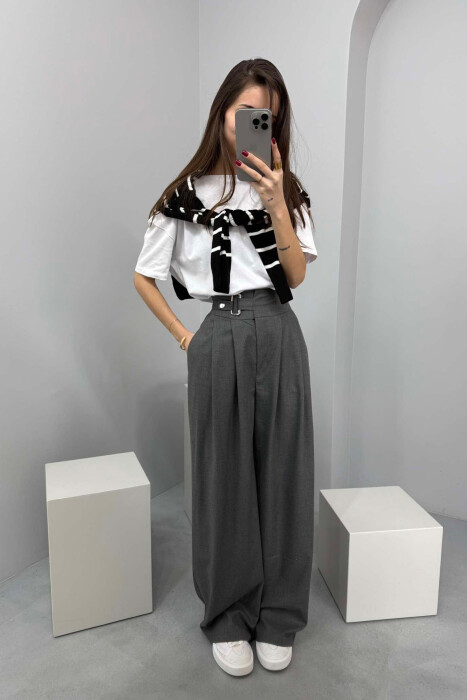 ELASTIC WAIST BELTED WOMEN TROUSERS DARK GREY/GEE - 4