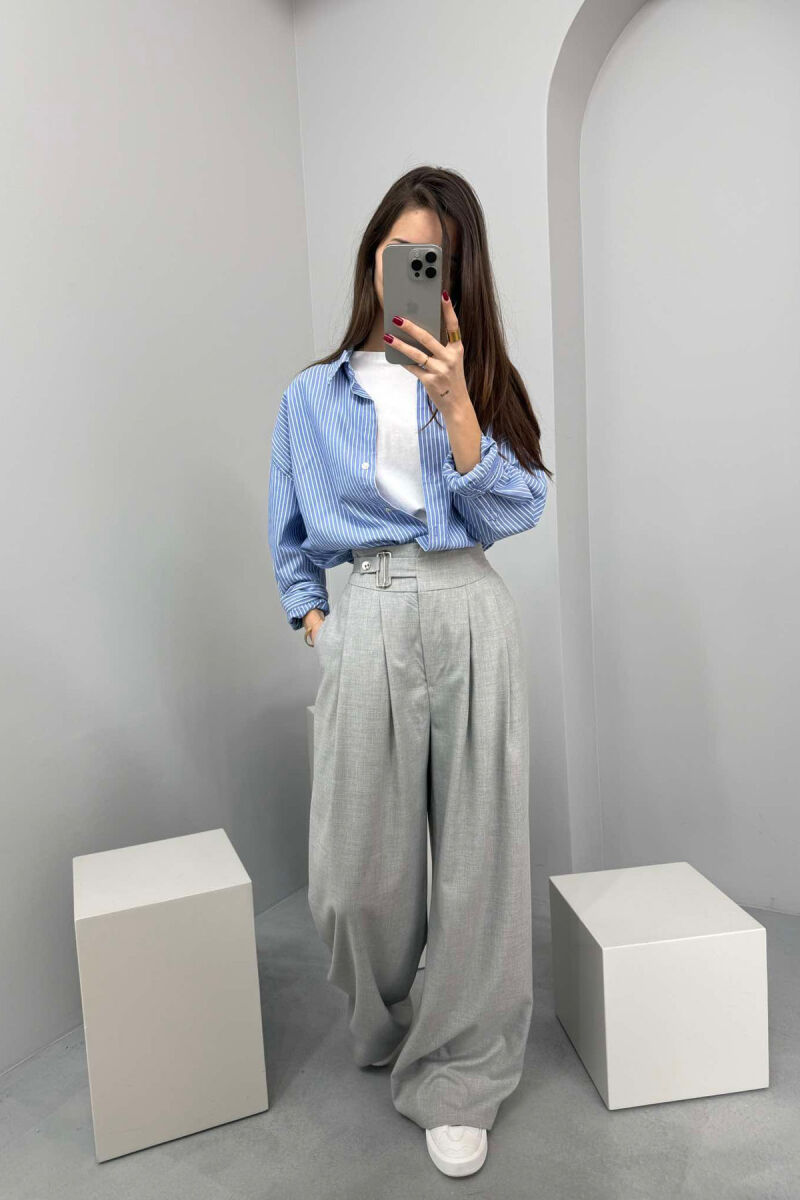 ELASTIC WAIST BELTED WOMEN TROUSERS GREY/GRI - 1