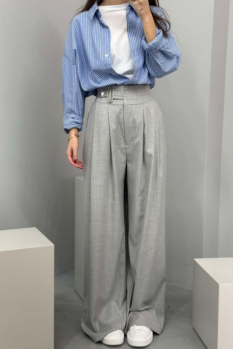 ELASTIC WAIST BELTED WOMEN TROUSERS GREY/GRI - 2