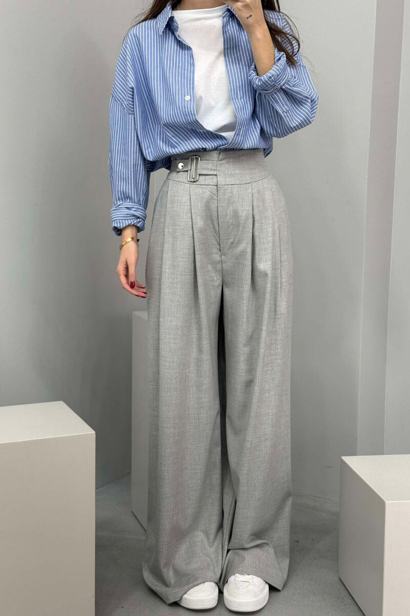 ELASTIC WAIST BELTED WOMEN TROUSERS GREY/GRI - 2