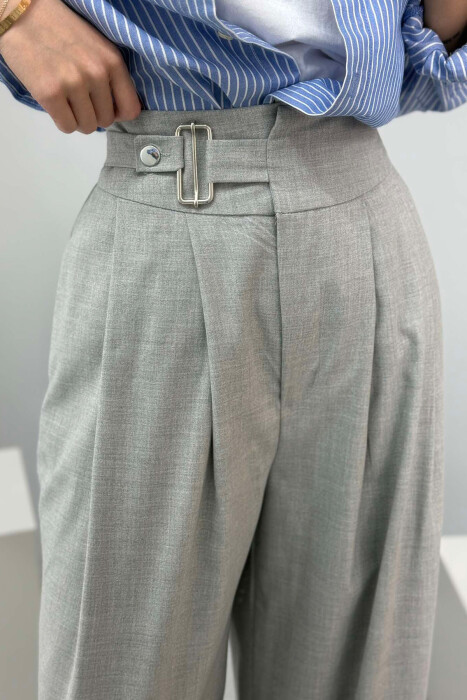 ELASTIC WAIST BELTED WOMEN TROUSERS GREY/GRI - 3