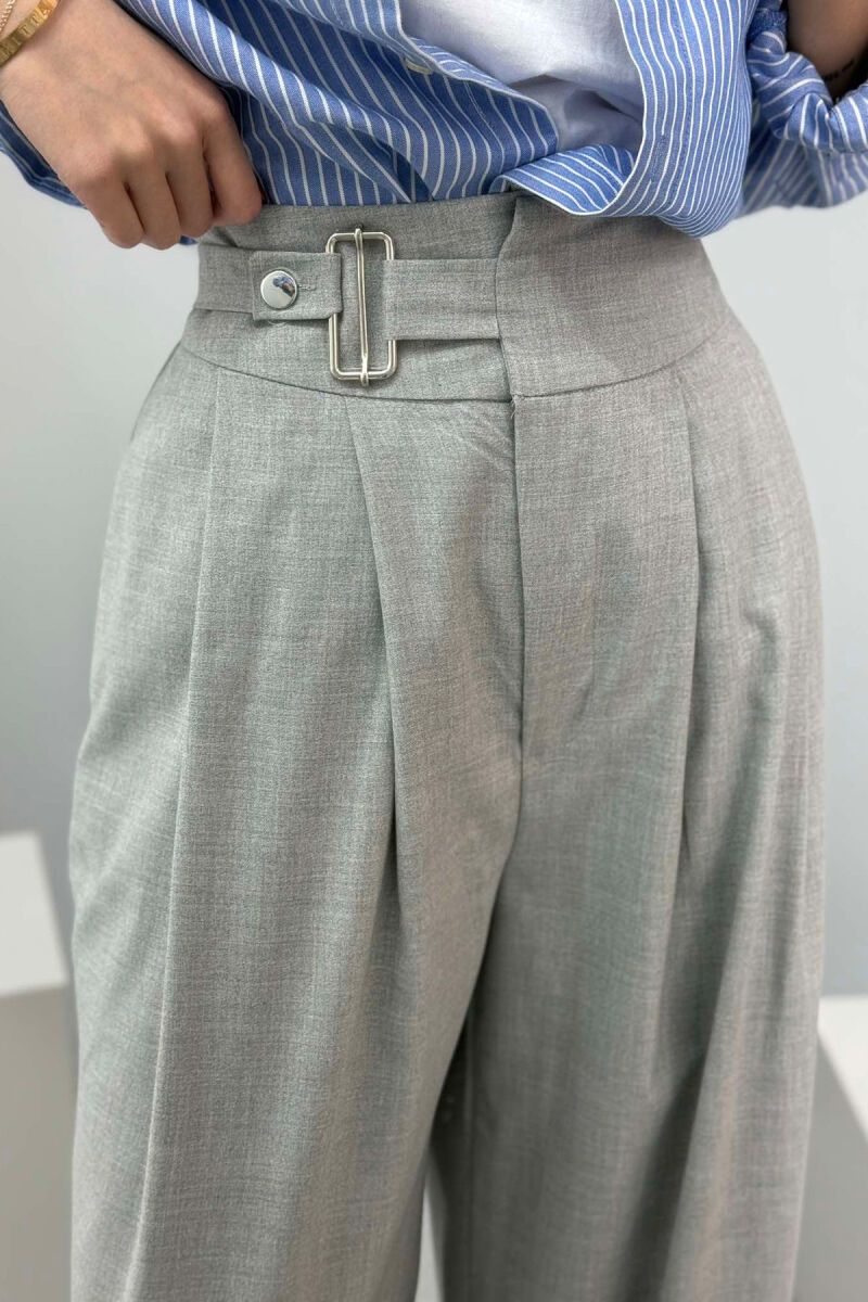 ELASTIC WAIST BELTED WOMEN TROUSERS GREY/GRI - 3