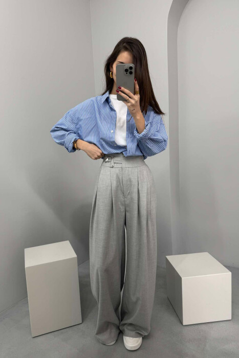 ELASTIC WAIST BELTED WOMEN TROUSERS GREY/GRI - 4