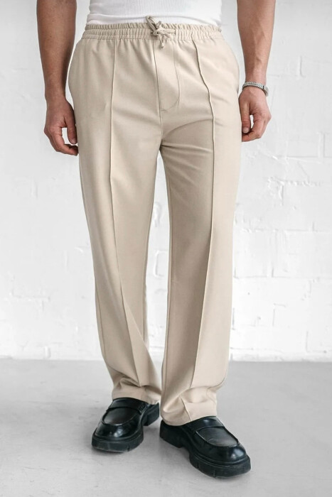 ELASTIC WAIST LACINGS WIDE LEG MEN PANTS BEIGE/BEZHE 