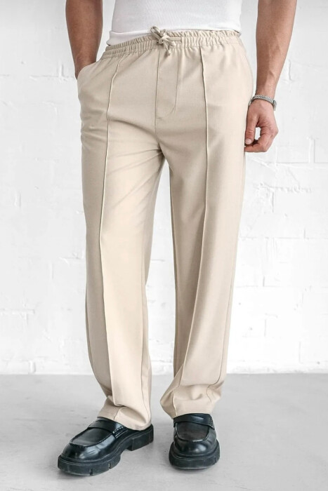 ELASTIC WAIST LACINGS WIDE LEG MEN PANTS BEIGE/BEZHE - 3