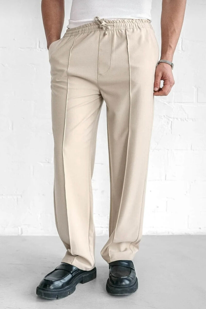 ELASTIC WAIST LACINGS WIDE LEG MEN PANTS BEIGE/BEZHE - 3