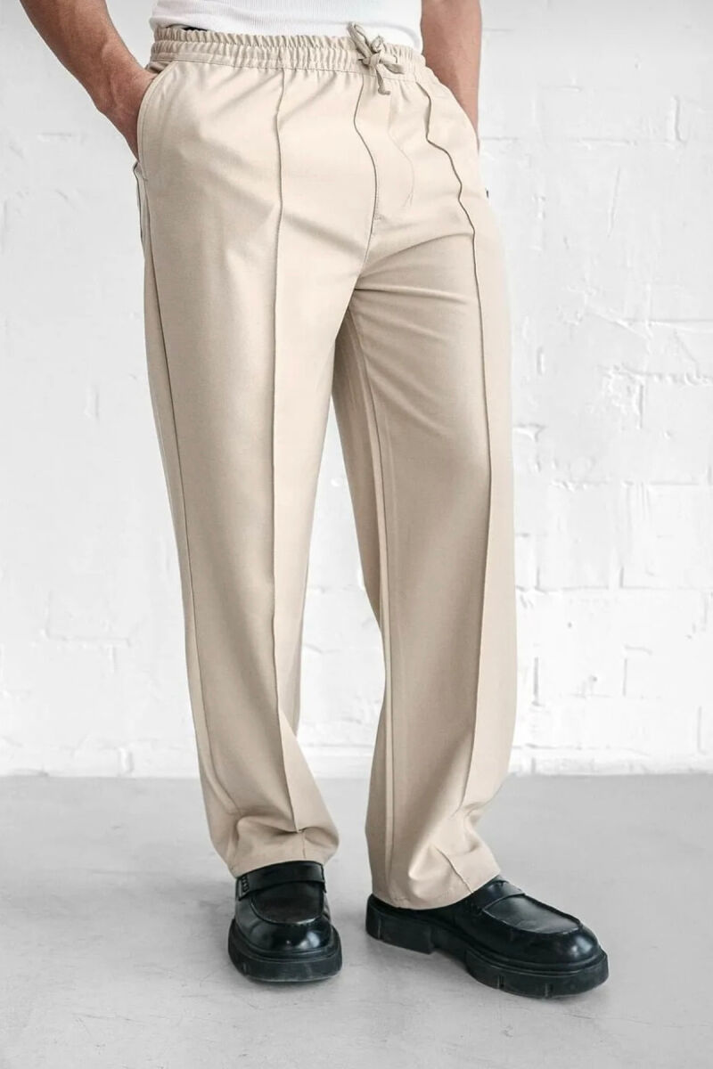 ELASTIC WAIST LACINGS WIDE LEG MEN PANTS BEIGE/BEZHE - 4