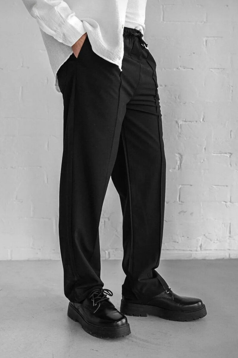 ELASTIC WAIST LACINGS WIDE LEG MEN PANTS BLACK/ E ZEZE - 3