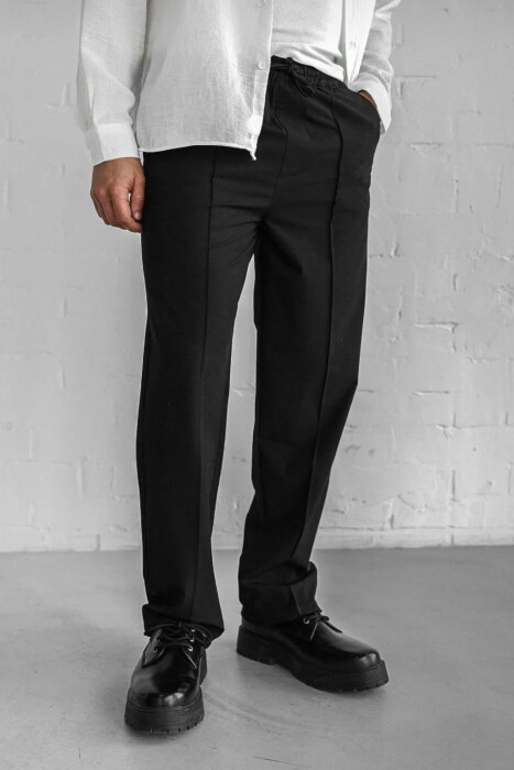 ELASTIC WAIST LACINGS WIDE LEG MEN PANTS BLACK/ E ZEZE - 4