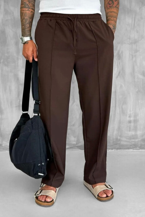 ELASTIC WAIST LACINGS WIDE LEG MEN PANTS BROWN/KAFE 