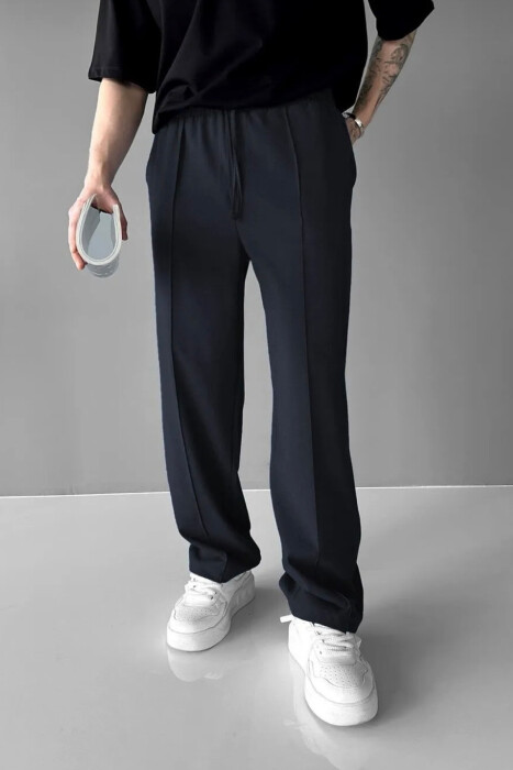ELASTIC WAIST LACINGS WIDE LEG MEN PANTS DARK BLUE/BEE 