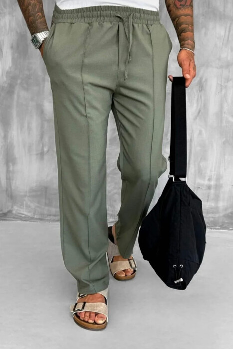 ELASTIC WAIST LACINGS WIDE LEG MEN PANTS GREEN/JESHILE - 1