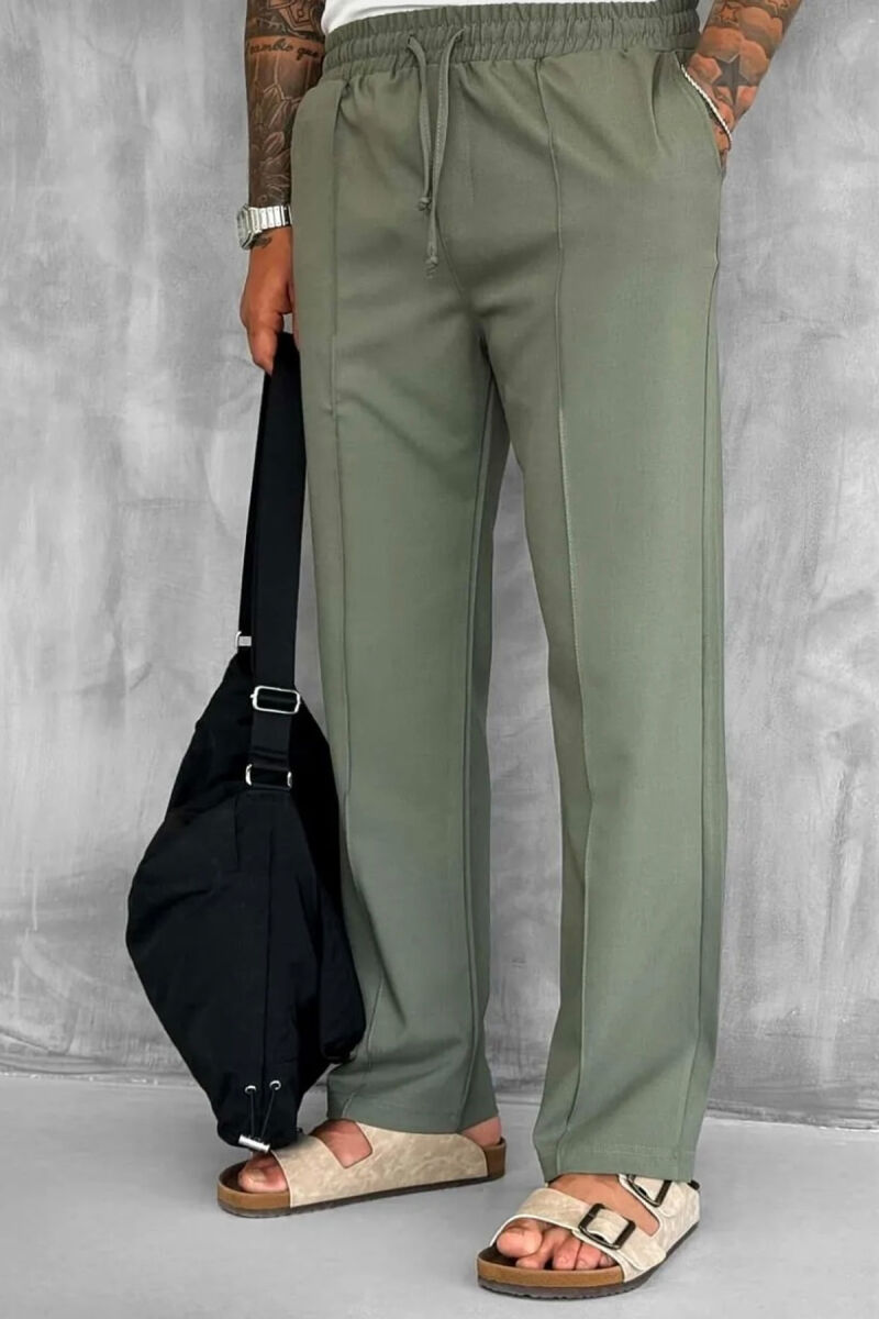 ELASTIC WAIST LACINGS WIDE LEG MEN PANTS GREEN/JESHILE - 2