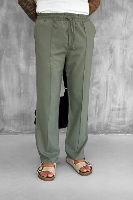 ELASTIC WAIST LACINGS WIDE LEG MEN PANTS GREEN/JESHILE - 3