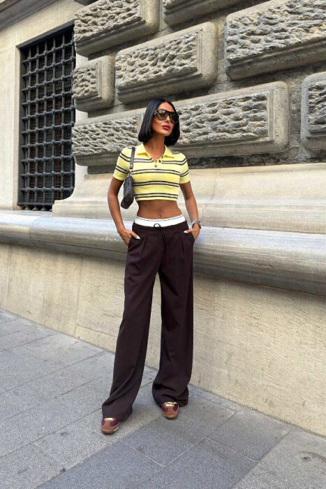 ELASTIC WAIST LACINGS WOMEN TROUSERS DARK BROWN/KAE - 1