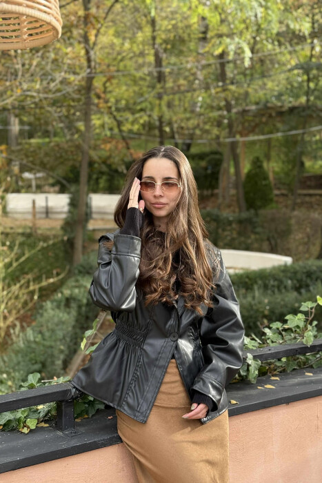 ELASTIC WAIST LEATHER ONE COLOR WOMEN JACKET BLACK/ E ZEZE - 10