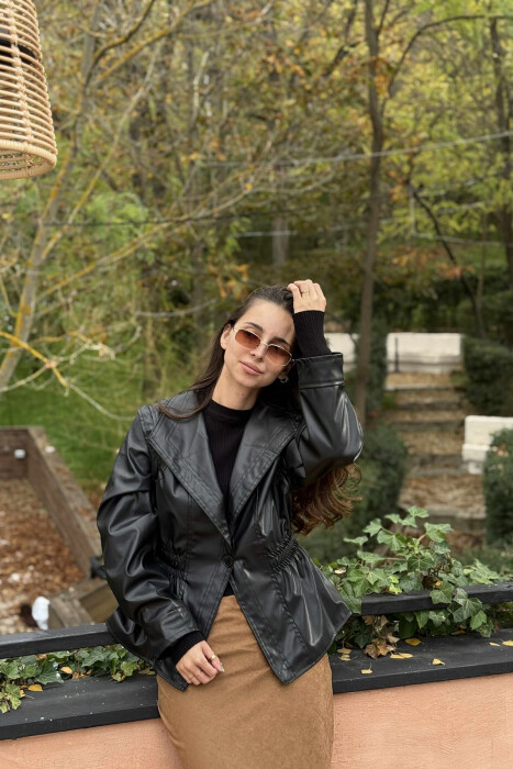 ELASTIC WAIST LEATHER ONE COLOR WOMEN JACKET BLACK/ E ZEZE - 13