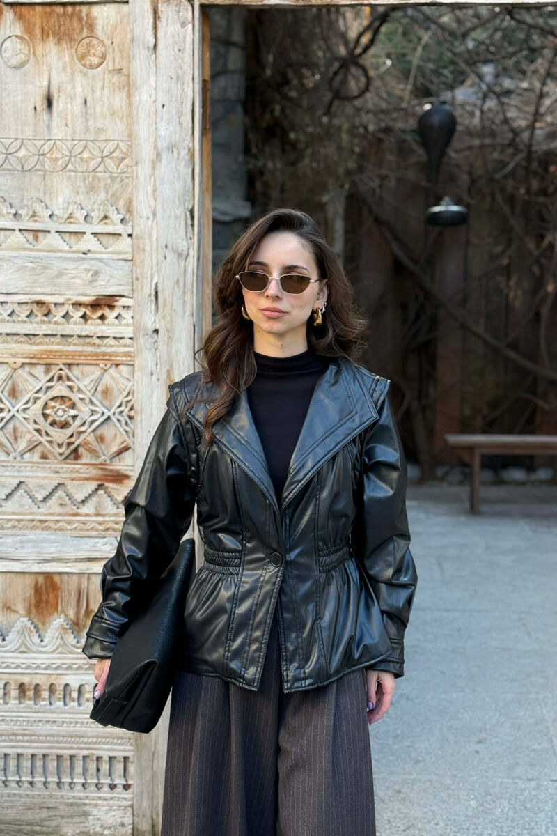 ELASTIC WAIST LEATHER ONE COLOR WOMEN JACKET BLACK/ E ZEZE - 2