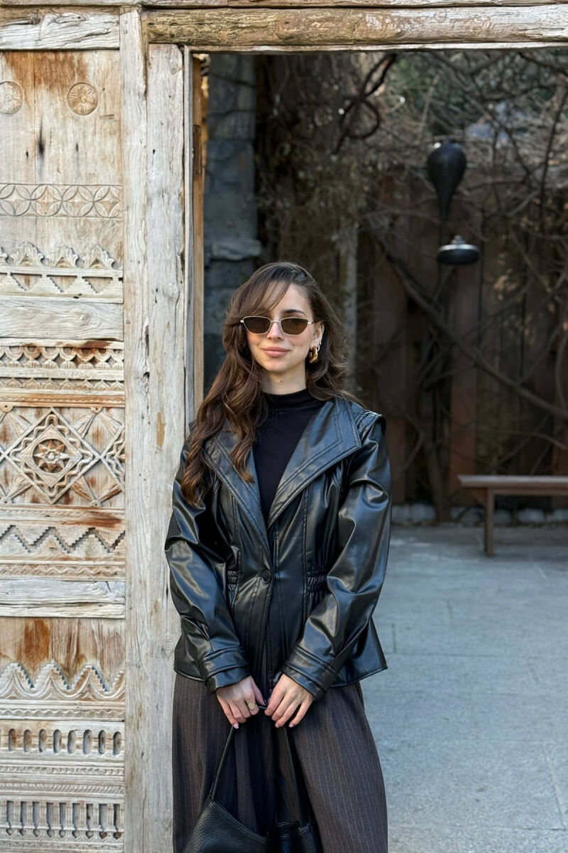 ELASTIC WAIST LEATHER ONE COLOR WOMEN JACKET BLACK/ E ZEZE - 4