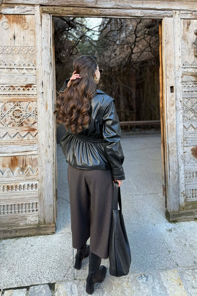 ELASTIC WAIST LEATHER ONE COLOR WOMEN JACKET BLACK/ E ZEZE - 5