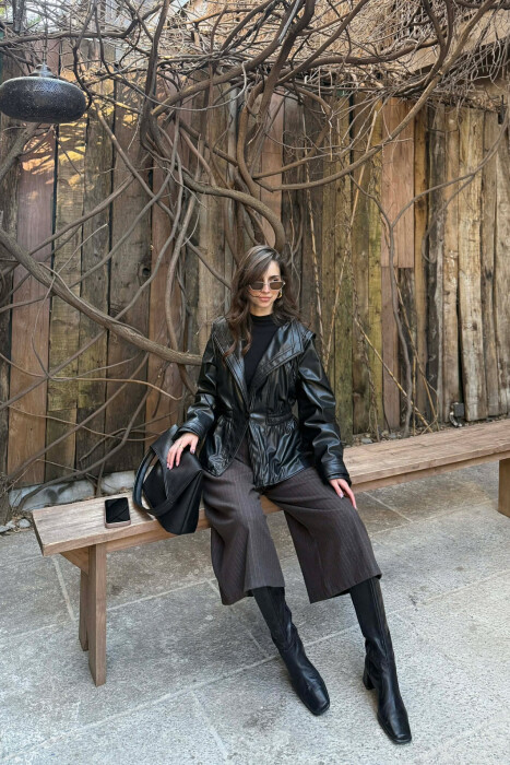 ELASTIC WAIST LEATHER ONE COLOR WOMEN JACKET BLACK/ E ZEZE - 8