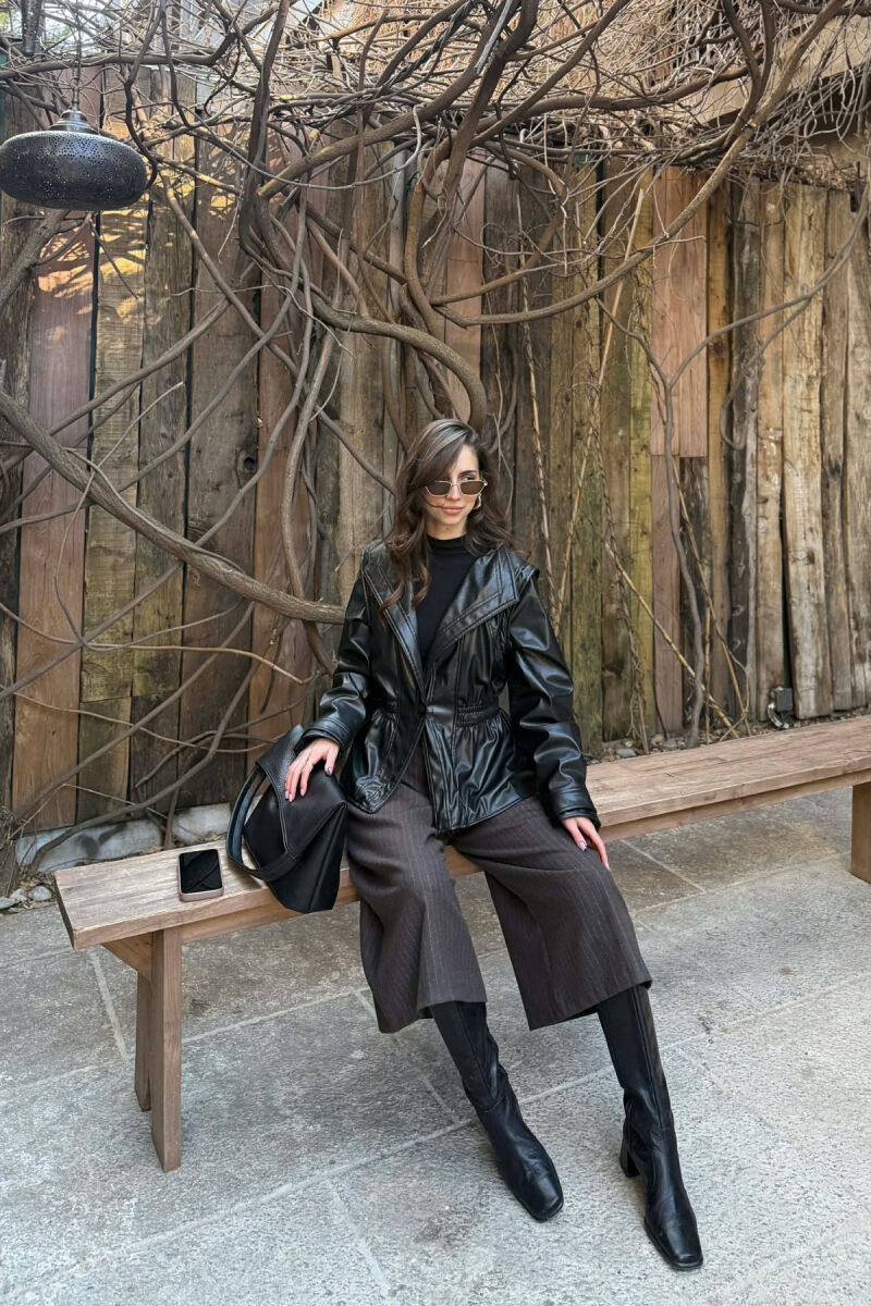 ELASTIC WAIST LEATHER ONE COLOR WOMEN JACKET BLACK/ E ZEZE - 8