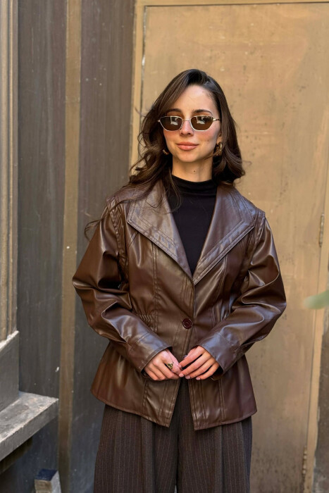ELASTIC WAIST LEATHER ONE COLOR WOMEN JACKET BROWN/KAFE 