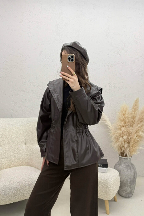 ELASTIC WAIST LEATHER ONE COLOR WOMEN JACKET DARK BROWN/KAE 